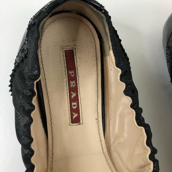 Prada Black Leather Glitter Ballet Flats size 38 - Picture 4 of 13